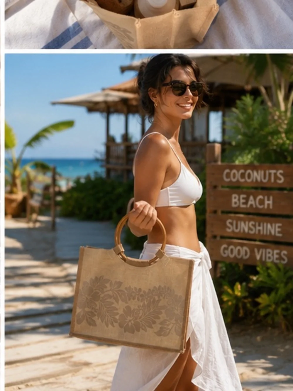 Bamboo-Handled Jute Tote with Floral Motif - Natural Tan